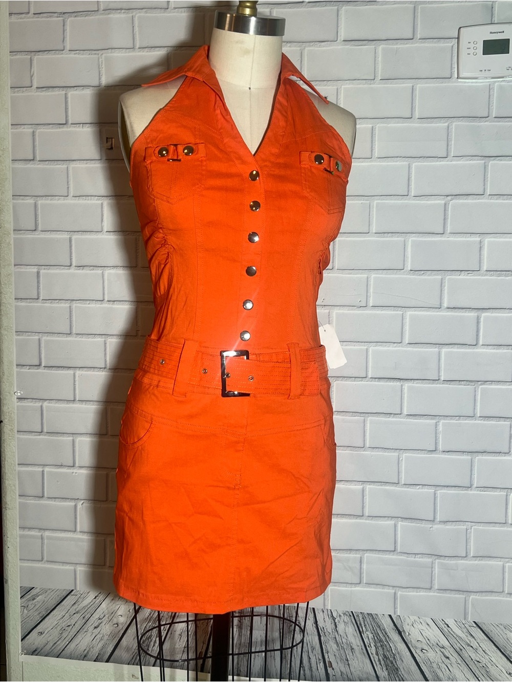 Orange Halter Button-Front Belted Mini Dress